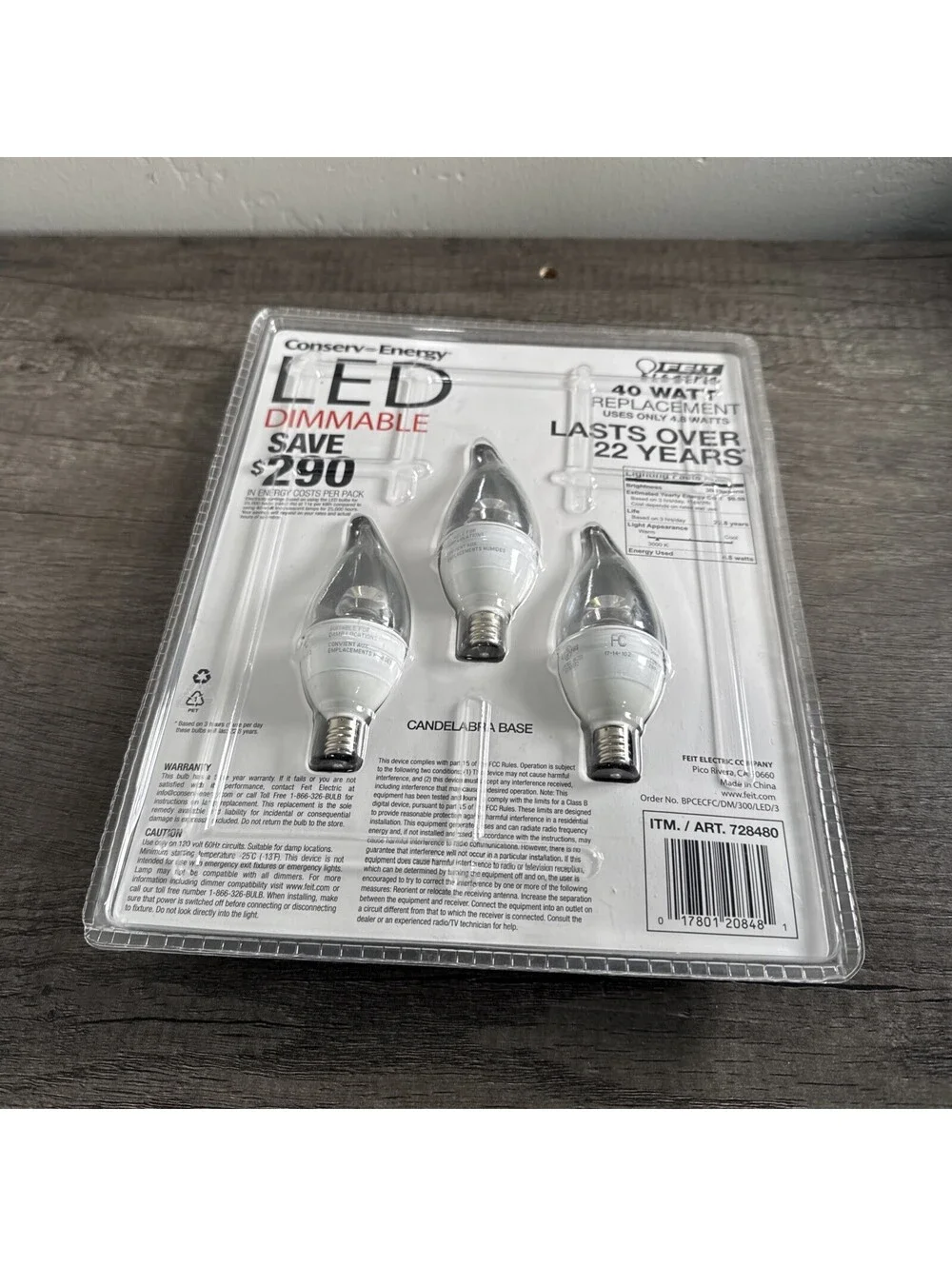 Felt Electric LED Dimmable 40W Crystal Clear Candelabra Base Bulbs 3Pk